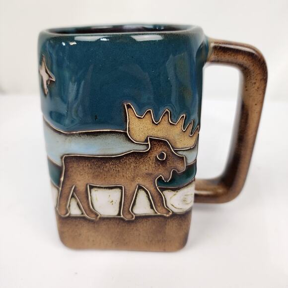 Mara Mexico Pottery Stoneware Square Mug Moose Pine Trees Moon Stars - Signed - Picture 1 of 7